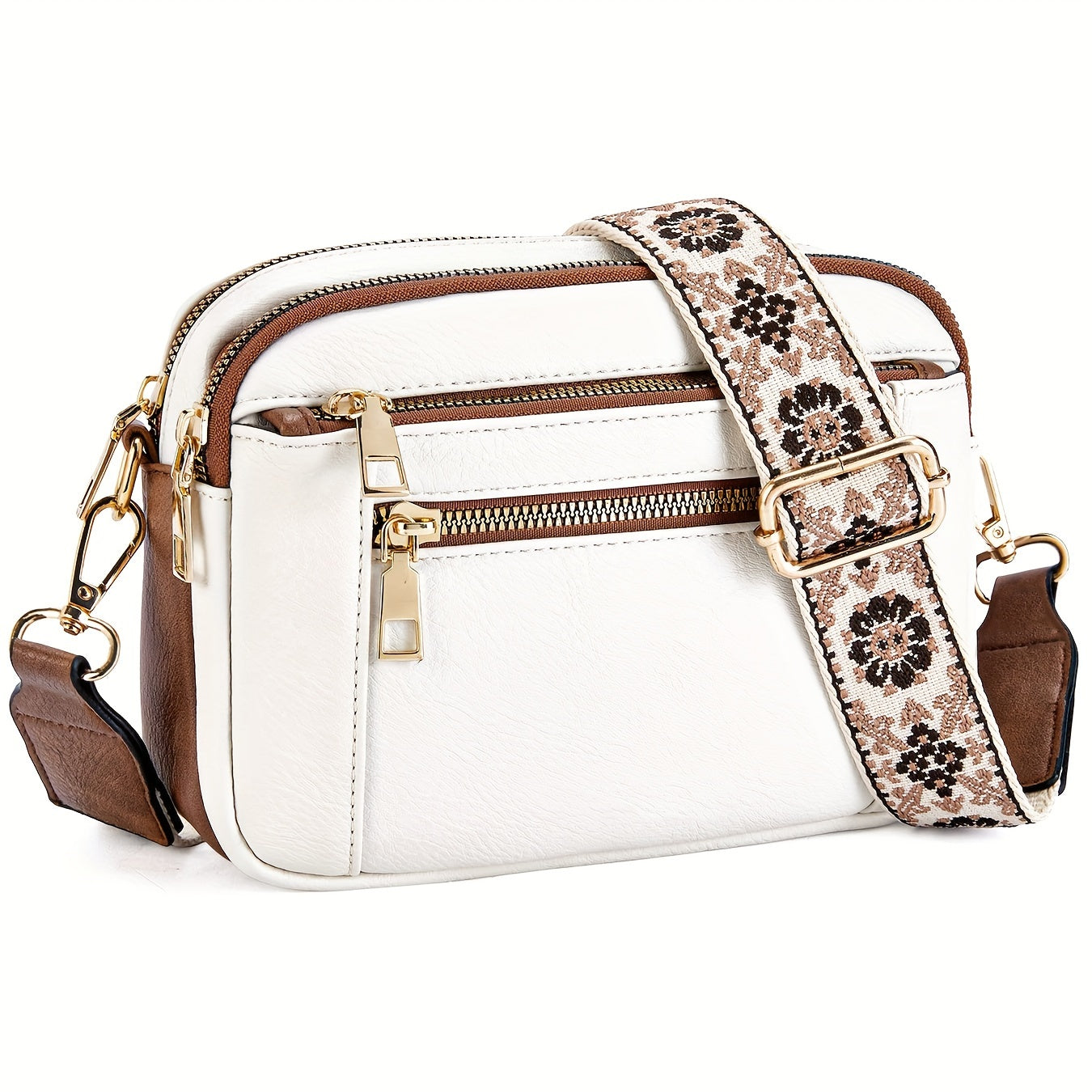 A woman sitting on a balcony railing wearing a stylish crossbody bag with an elegant design, featuring multiple compartments and an adjustable strap, ideal for everyday use.
