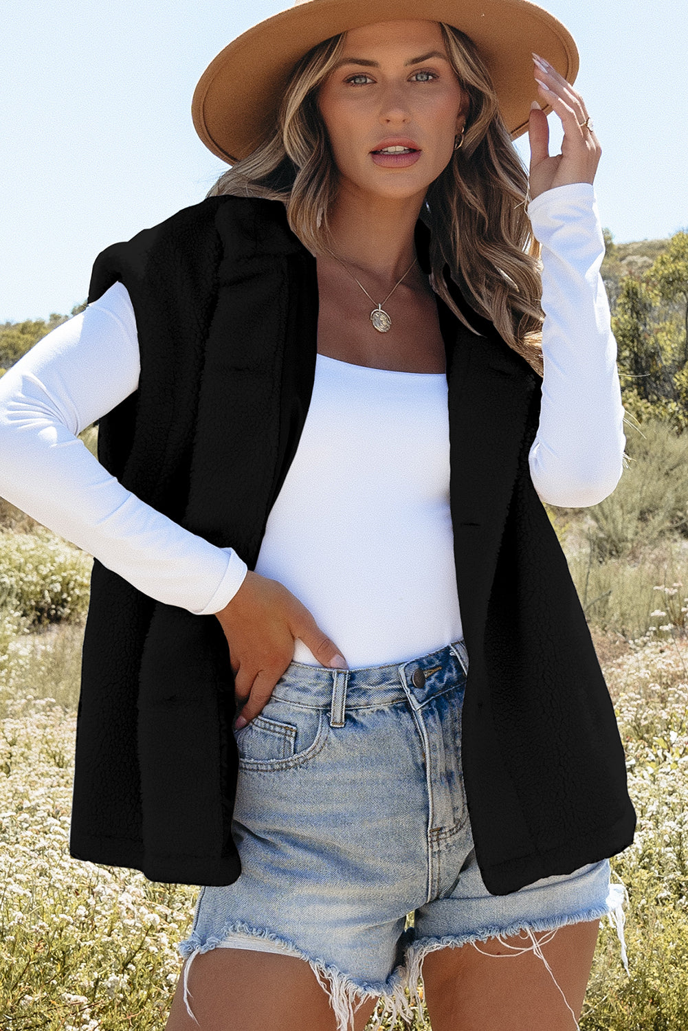 Cozy Sleeveless Sherpa Cape with Button Closure