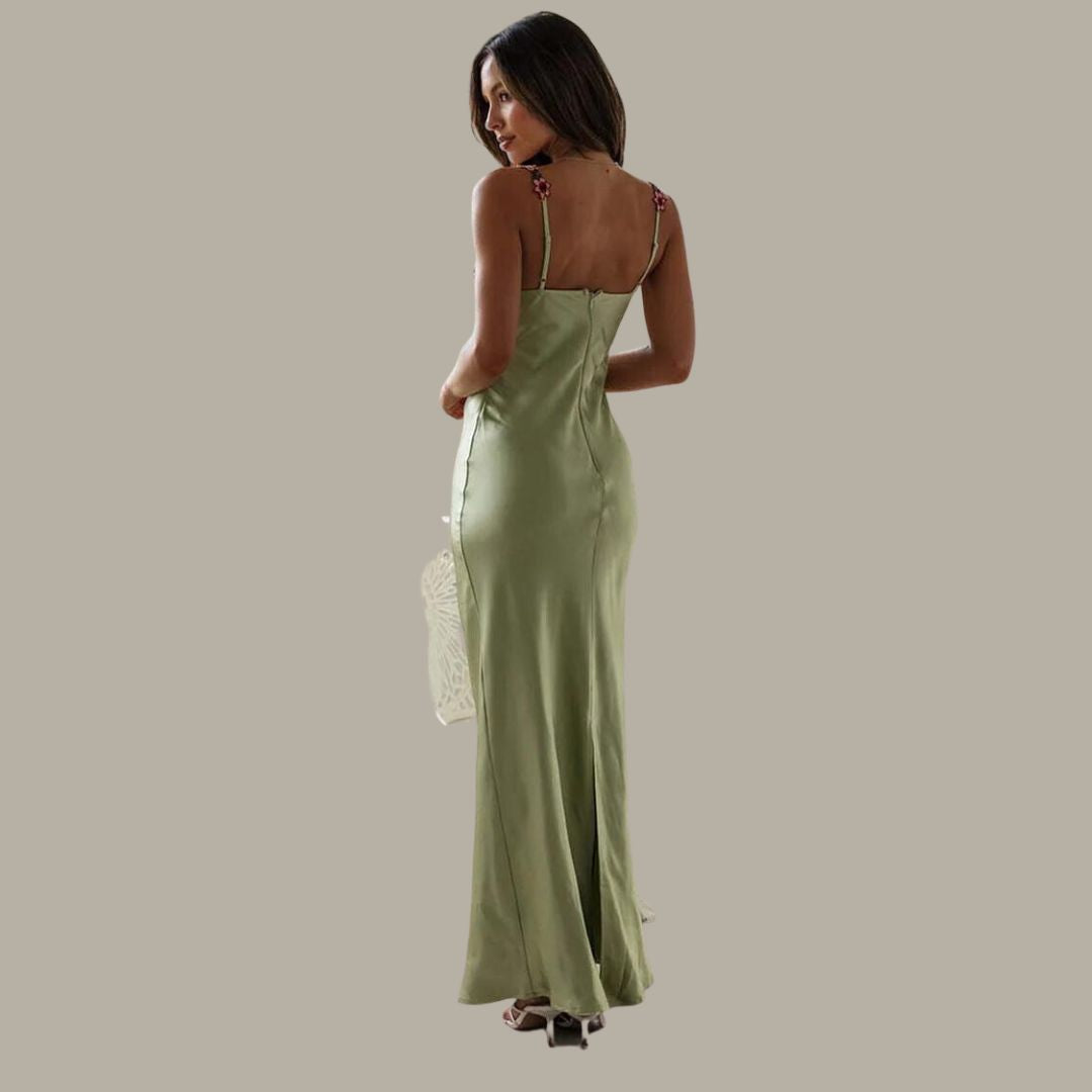 Model wearing the Maya Women's Embroidered Strap Dress, featuring intricate embroidery on the straps and a form-fitting, elegant silhouette, perfect for special occasions and sophisticated styling.