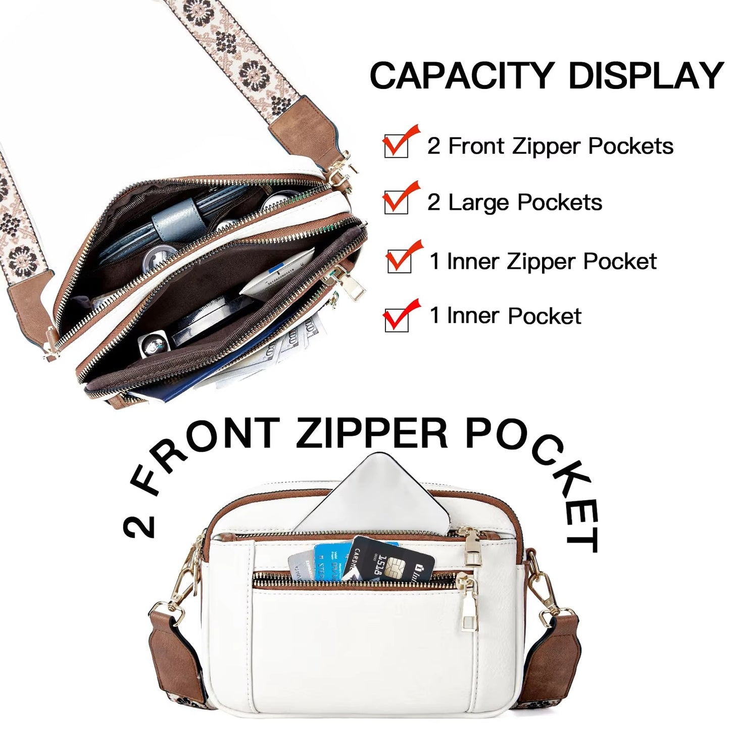 A woman sitting on a balcony railing wearing a stylish crossbody bag with an elegant design, featuring multiple compartments and an adjustable strap, ideal for everyday use.