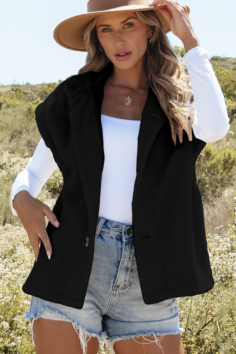 Cozy Sleeveless Sherpa Cape with Button Closure