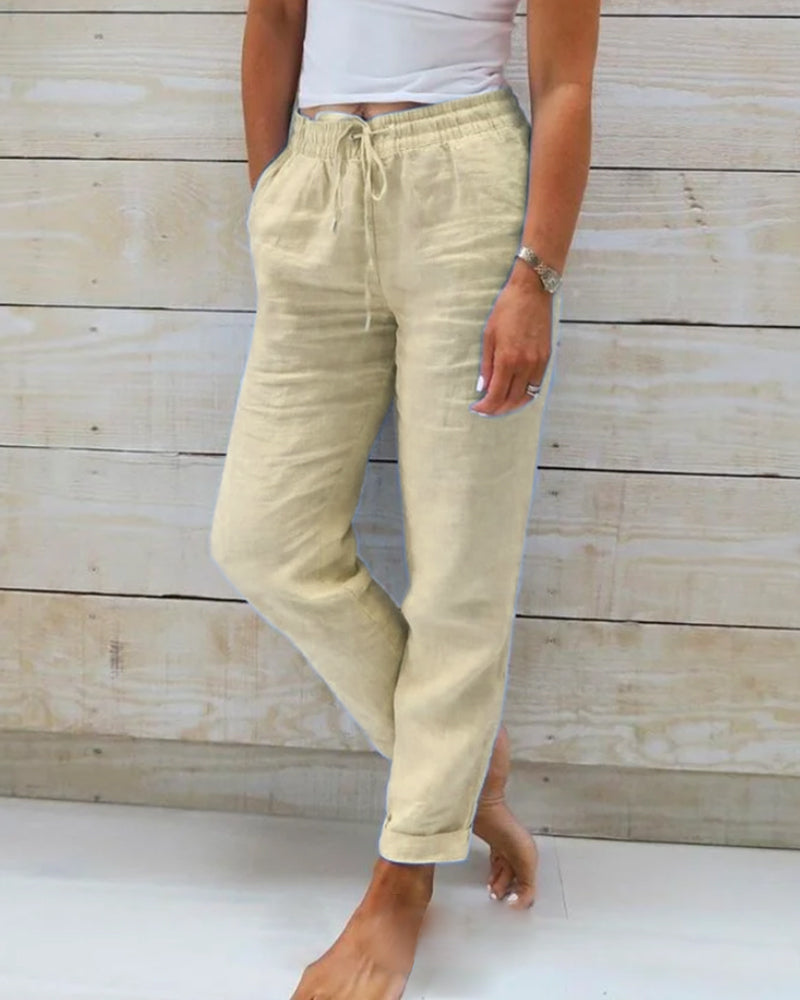 Woman wearing Mia | Women's Relaxed Pants | Casual Relaxed Pants, featuring a comfortable fit, adjustable waistband, and a versatile casual design perfect for everyday wear.