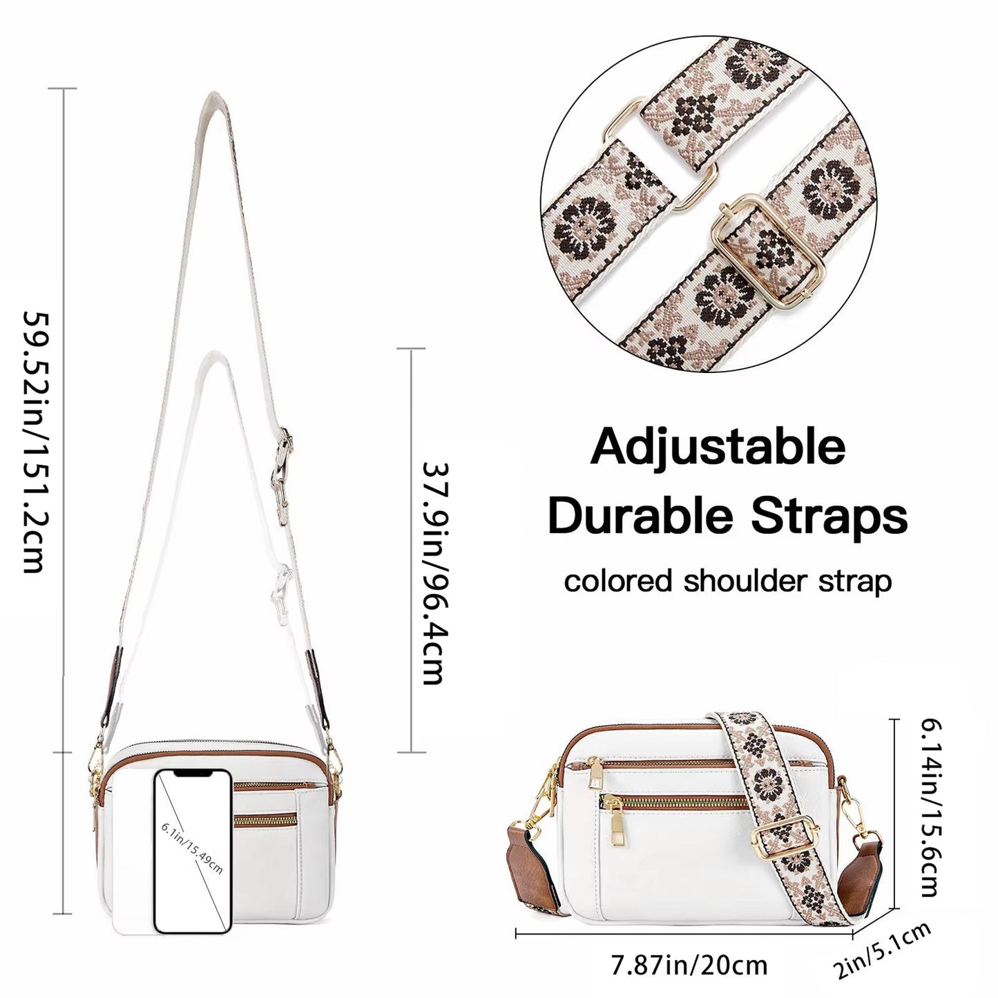 A woman sitting on a balcony railing wearing a stylish crossbody bag with an elegant design, featuring multiple compartments and an adjustable strap, ideal for everyday use.