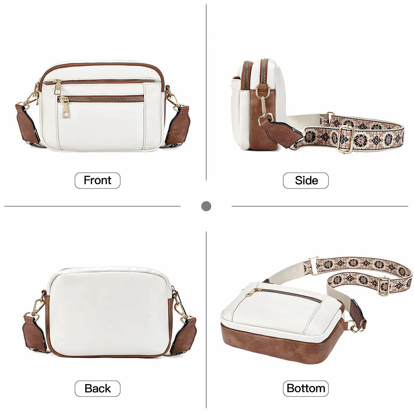 A woman sitting on a balcony railing wearing a stylish crossbody bag with an elegant design, featuring multiple compartments and an adjustable strap, ideal for everyday use.