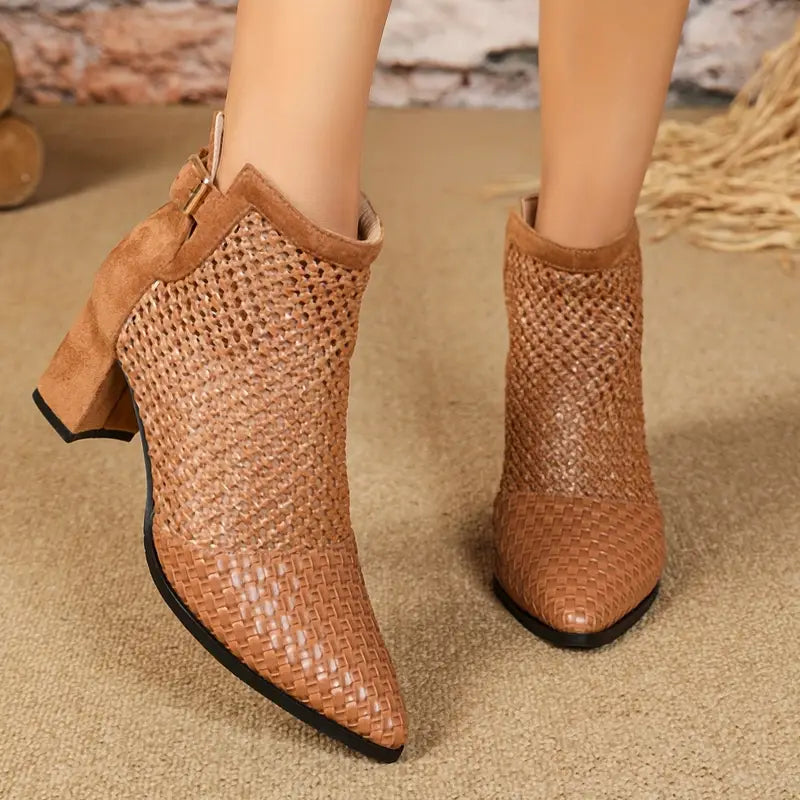 Elegant women's woven design ankle boots with buckle details and a sturdy block heel, perfect for adding a stylish touch to any outfit.