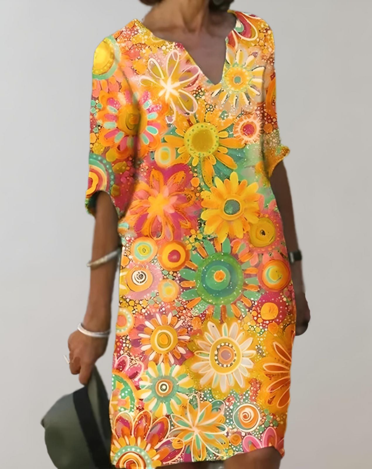 Luna - Floral V-Neck Summer Dress with Half Sleeves