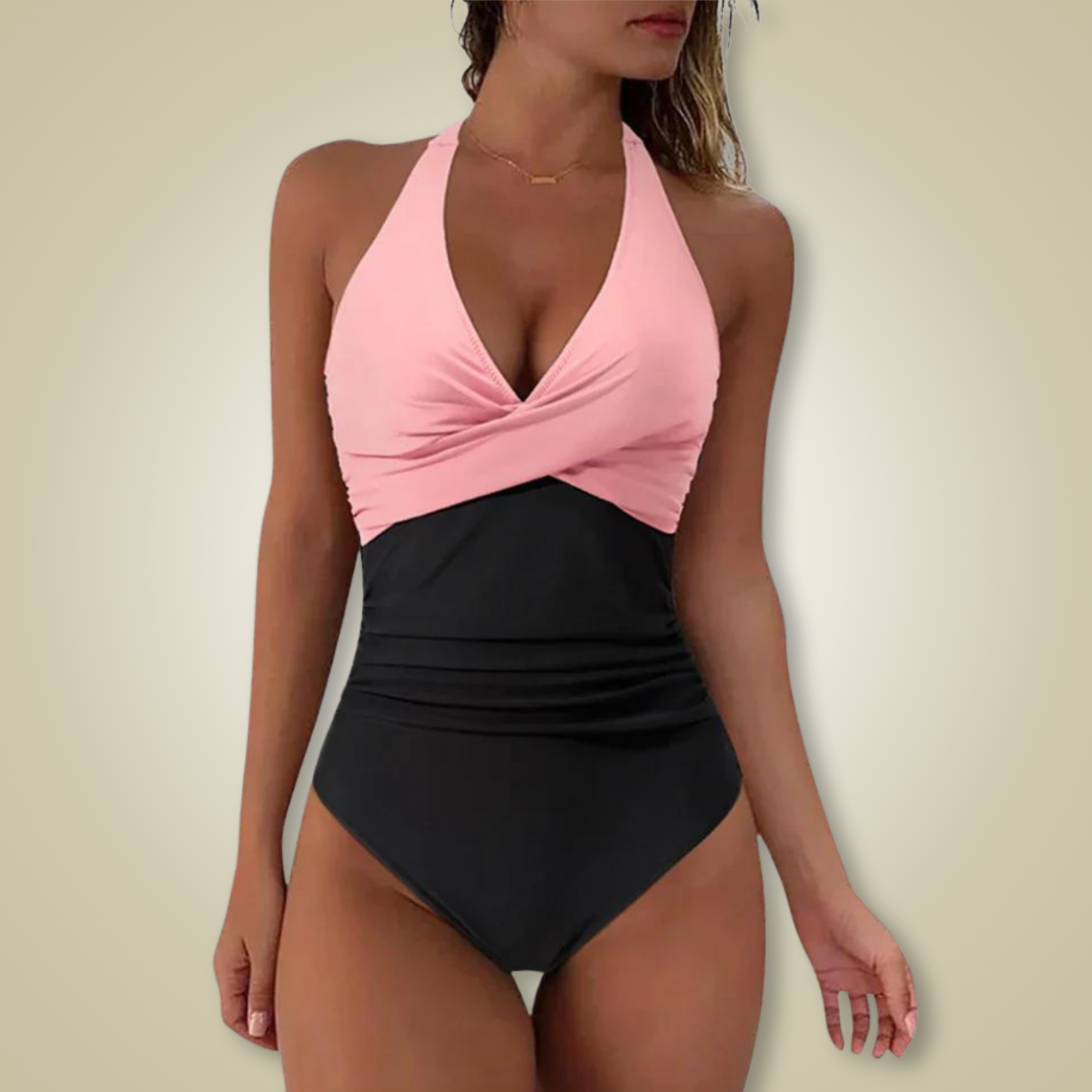 A one-piece swimsuit featuring a halter neckline and ruched detailing, designed for a flattering and elegant fit. Perfect for beach outings, poolside relaxation, and vacation wear, offering both comfort and style.