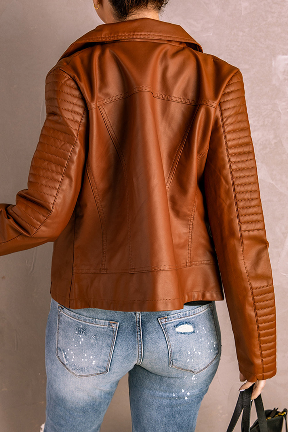 Classic Moto Jacket with Quilted Sleeves and Asymmetric Zipper