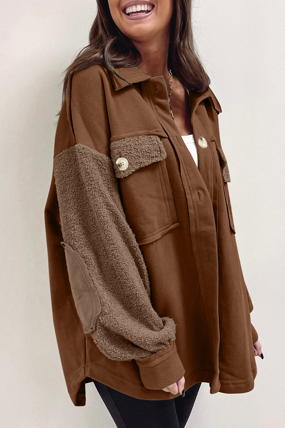 Button-Up Fleece Sleeve Shacket