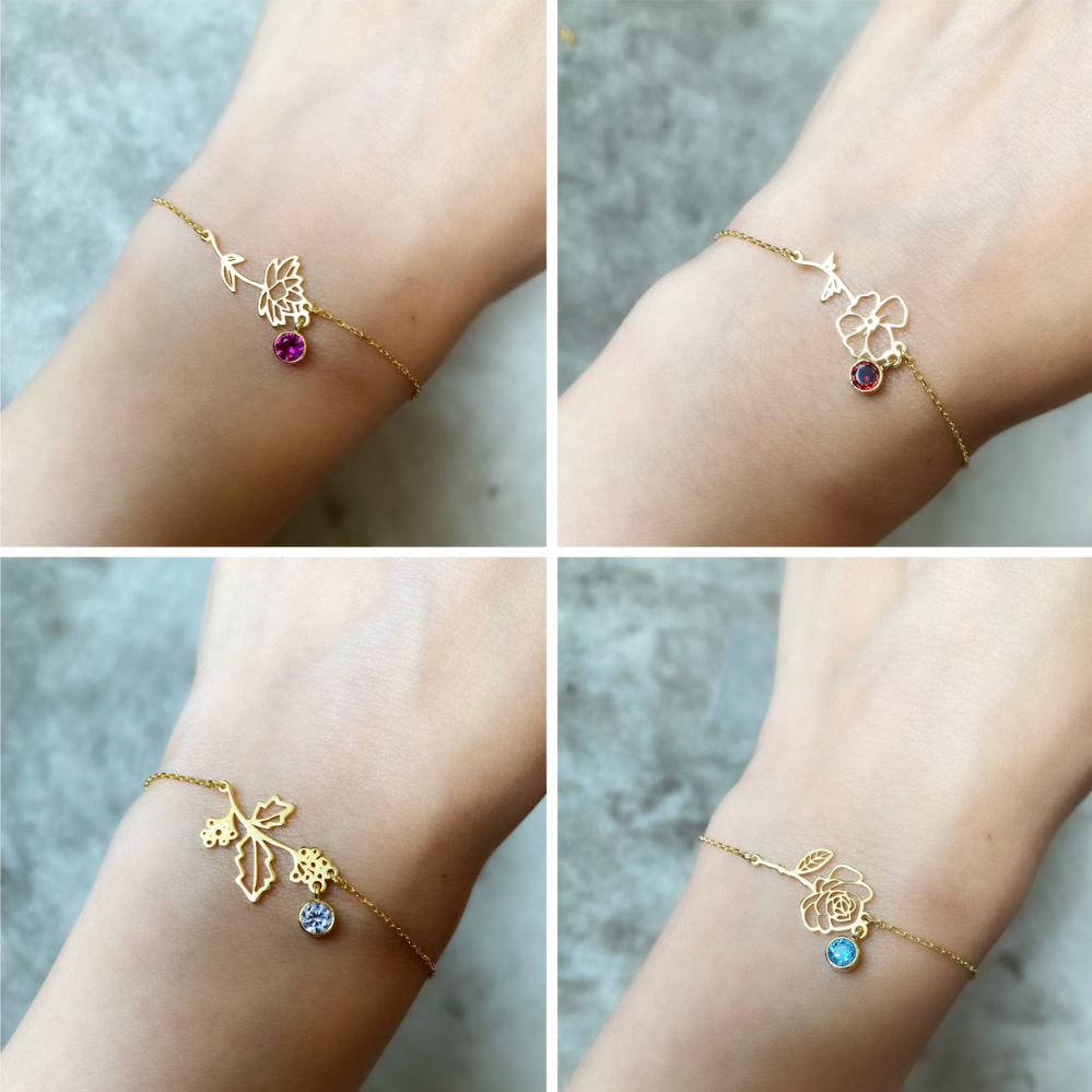 Close-up of the Lily Women's Floral Bracelet featuring a delicate floral pendant with a gemstone detail, showcasing its elegant and nature-inspired design.