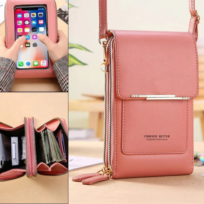 Image showing a compact and stylish women's crossbody bag with a sleek design, featuring a front flap, zipper closure, and an adjustable strap, ideal for carrying essentials on the go.