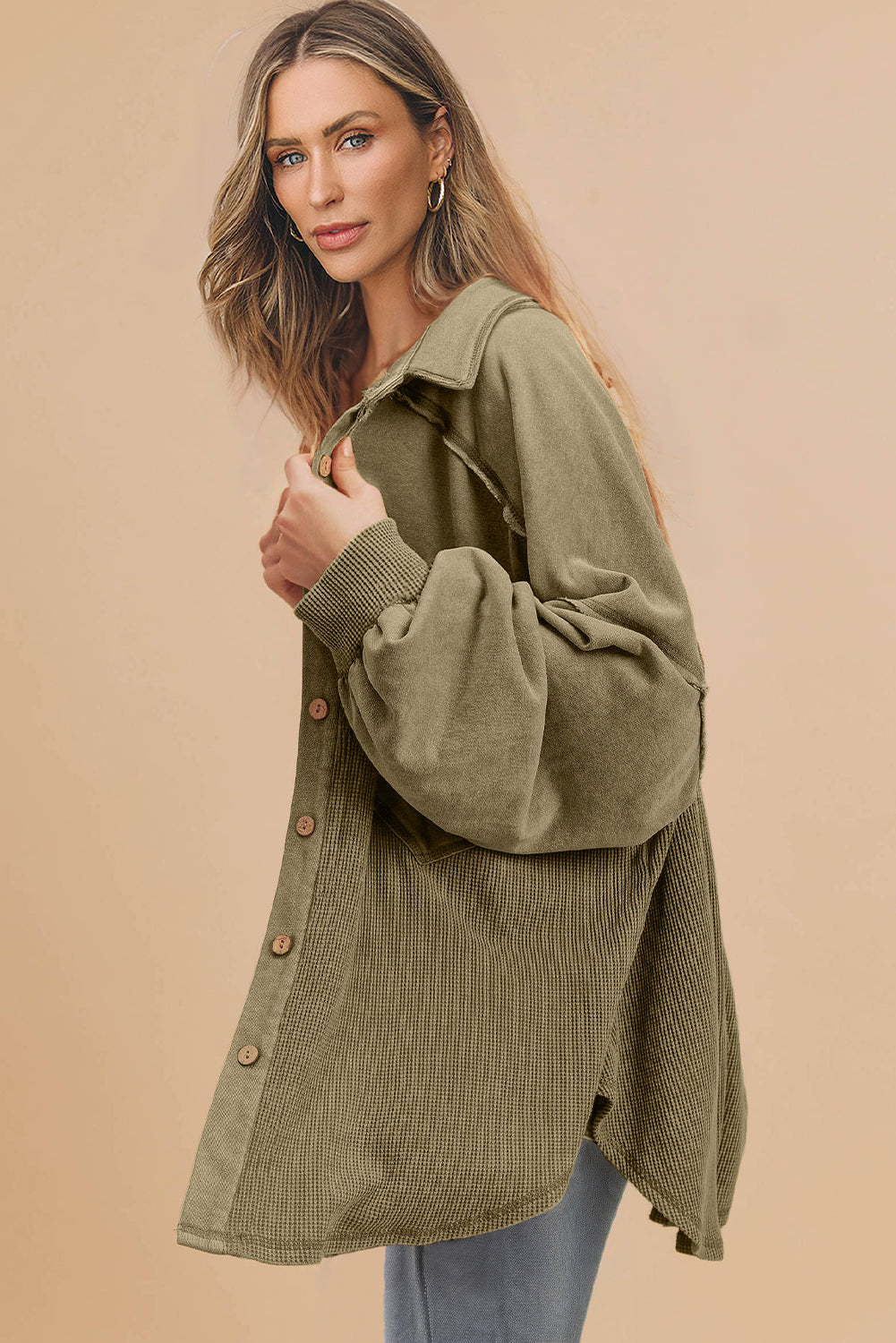 Waffle Knit Patchwork Buttoned Oversized jacket