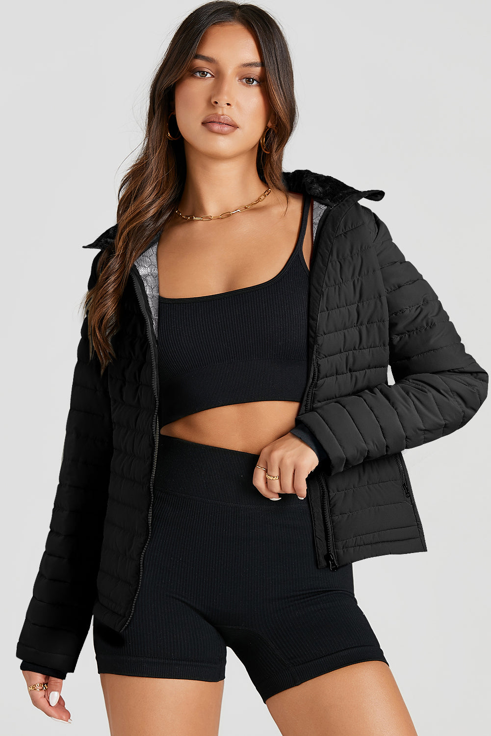 Sporty Puffer Jacket with Zip Closure and Hood