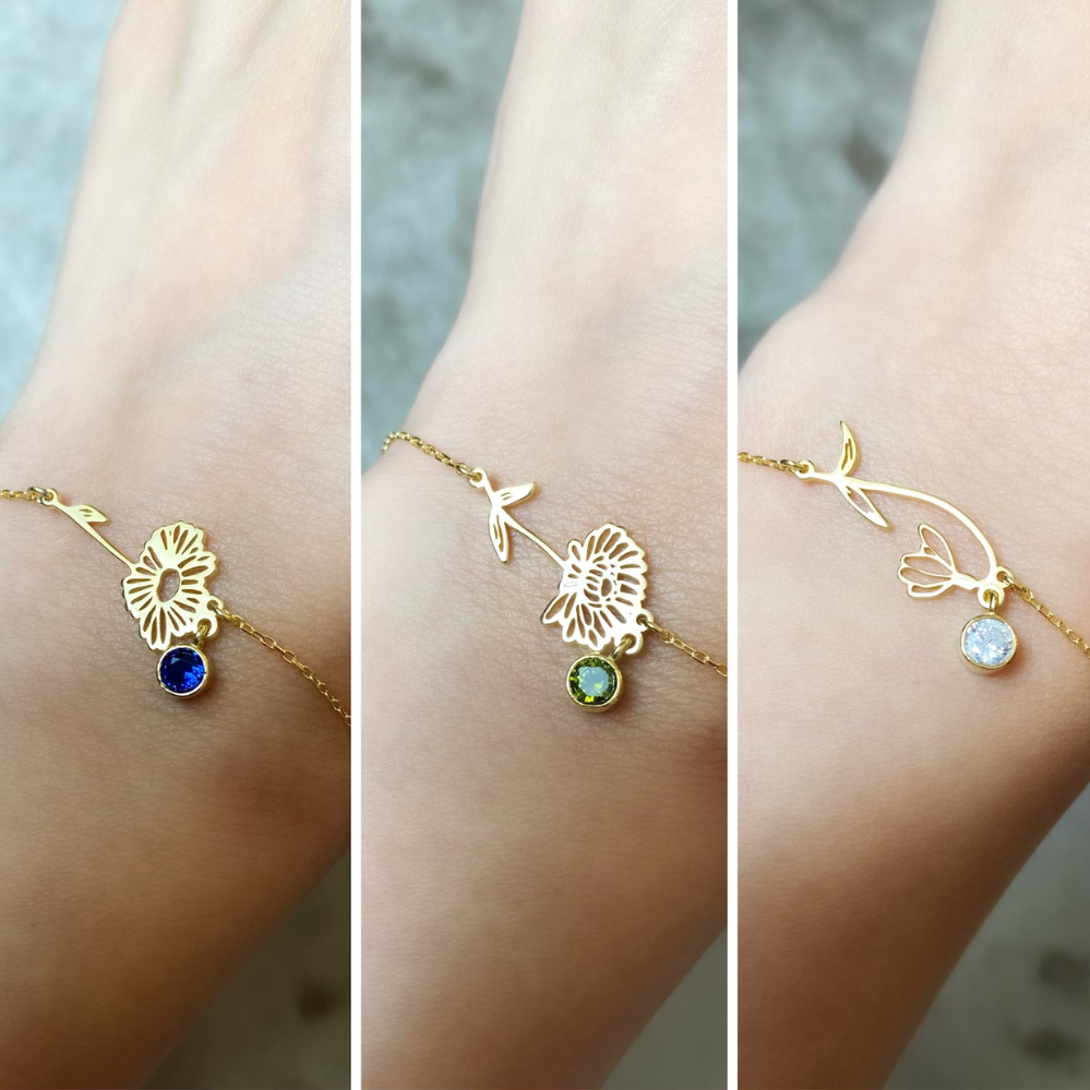 Close-up of the Lily Women's Floral Bracelet featuring a delicate floral pendant with a gemstone detail, showcasing its elegant and nature-inspired design.