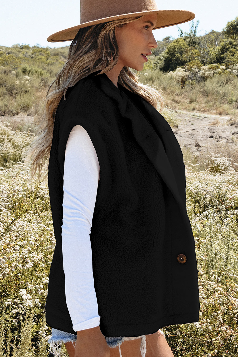 Cozy Sleeveless Sherpa Cape with Button Closure