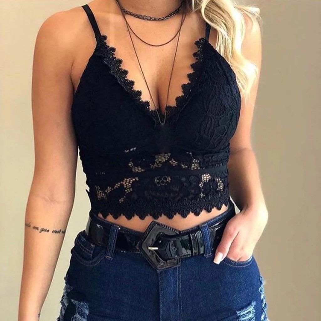 Woman wearing the Lila Women's Lace Bralette Top, an elegant cropped top with intricate lace detailing, styled casually with high-waisted pants and a belt, showcasing a chic and feminine look.