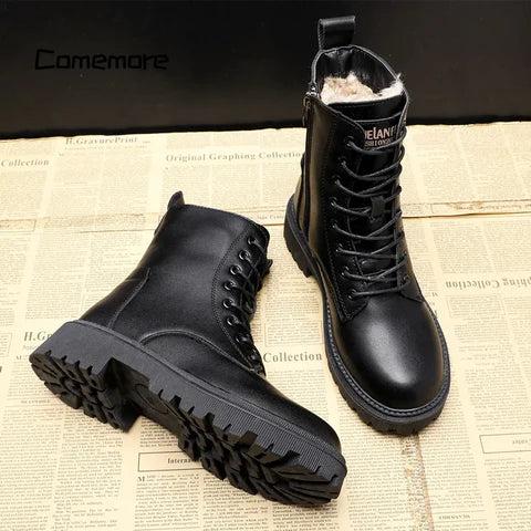 Pair of boots featuring a warm and cozy interior lining with a durable and stylish design, perfect for cold weather and outdoor activities.