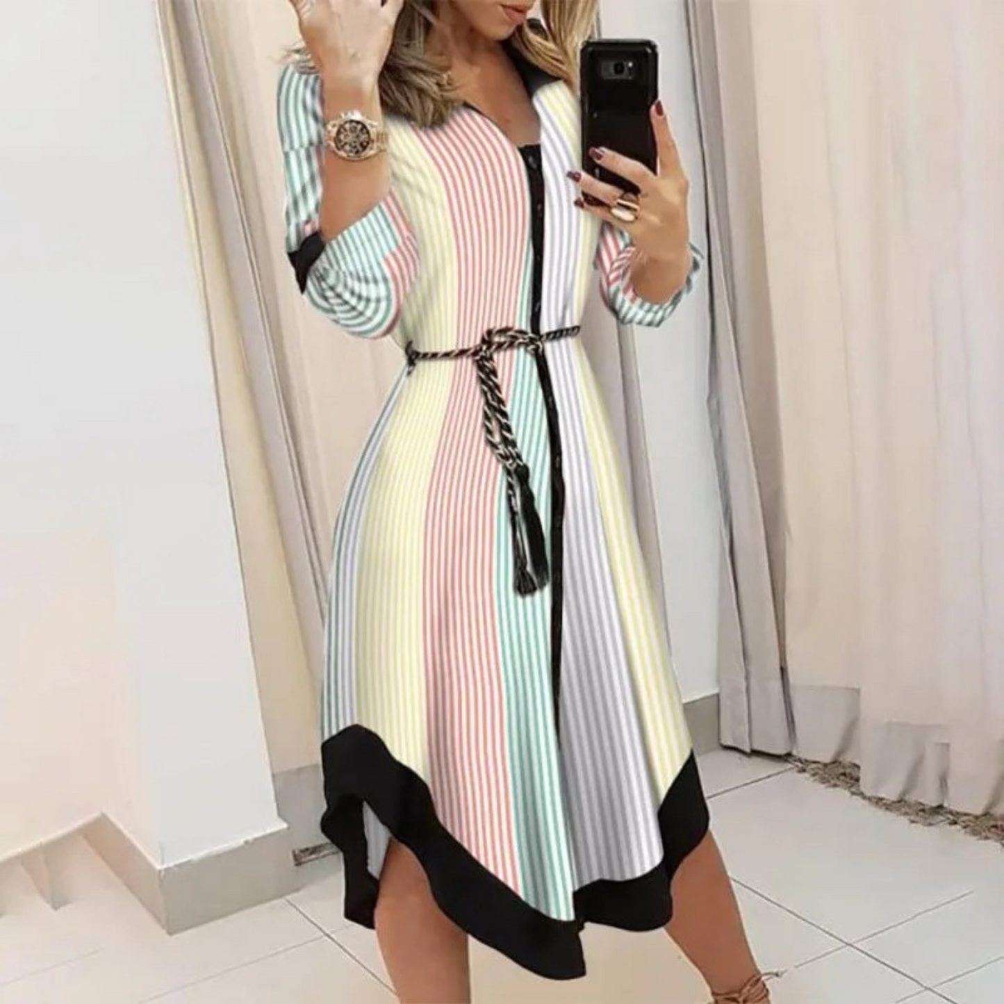 Woman wearing the elegant Lila | Belted Long-Sleeve Wrap Dress for Women, with waist belt for a flattering fit. The dress features a flowing cut and modern design, ideal for a chic, comfortable look for events or everyday wear.