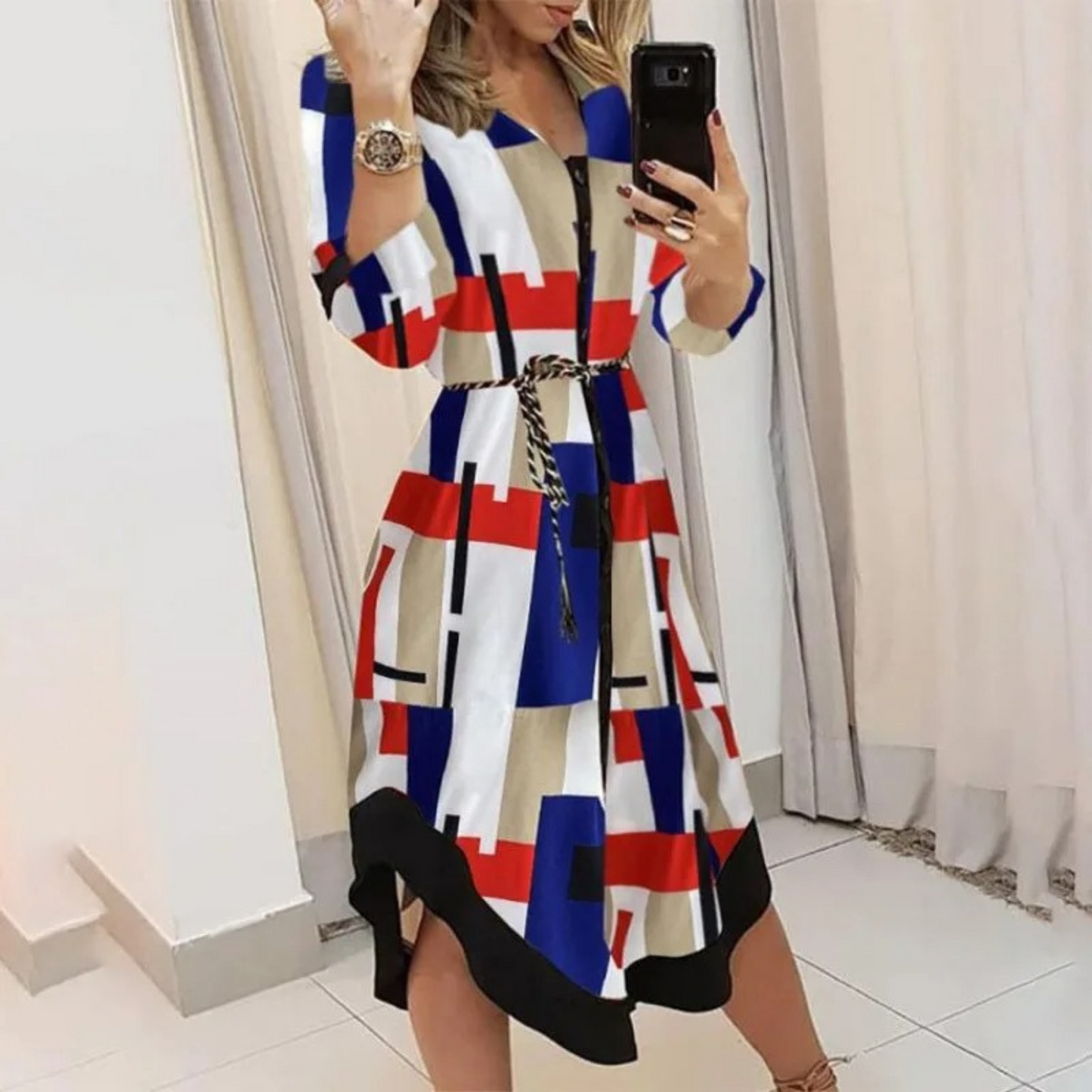 Woman wearing the elegant Lila | Belted Long-Sleeve Wrap Dress for Women, with waist belt for a flattering fit. The dress features a flowing cut and modern design, ideal for a chic, comfortable look for events or everyday wear.