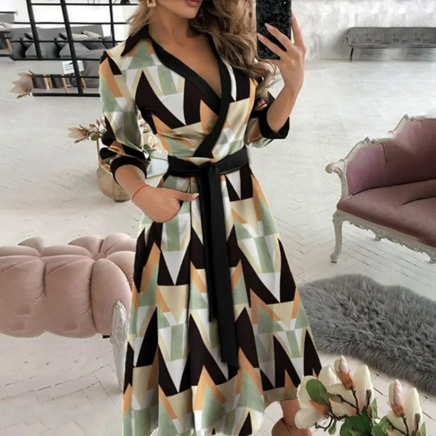 Woman wearing the elegant Lila | Belted Long-Sleeve Wrap Dress for Women, with waist belt for a flattering fit. The dress features a flowing cut and modern design, ideal for a chic, comfortable look for events or everyday wear.