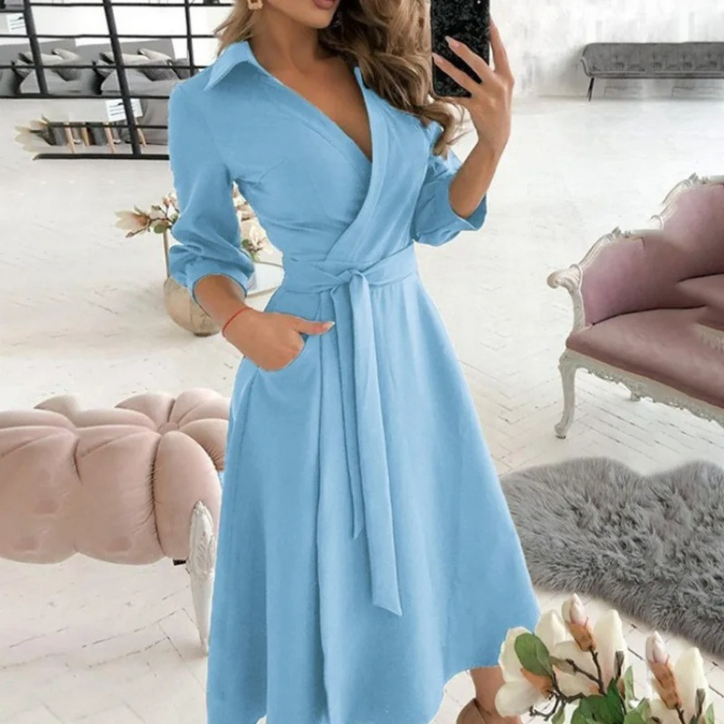 Woman wearing the elegant Lila | Belted Long-Sleeve Wrap Dress for Women, with waist belt for a flattering fit. The dress features a flowing cut and modern design, ideal for a chic, comfortable look for events or everyday wear.