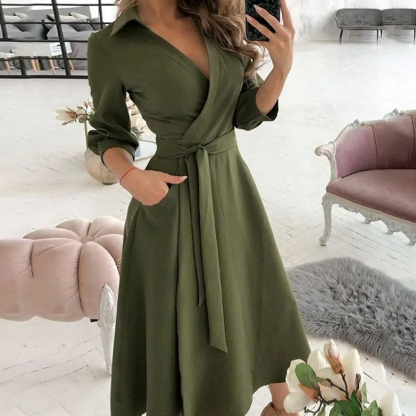 Woman wearing the elegant Lila | Belted Long-Sleeve Wrap Dress for Women, with waist belt for a flattering fit. The dress features a flowing cut and modern design, ideal for a chic, comfortable look for events or everyday wear.