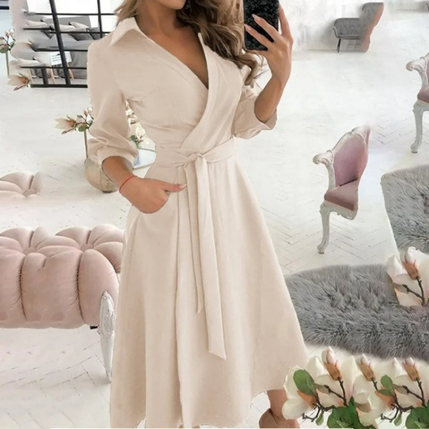 Woman wearing the elegant Lila | Belted Long-Sleeve Wrap Dress for Women, with waist belt for a flattering fit. The dress features a flowing cut and modern design, ideal for a chic, comfortable look for events or everyday wear.