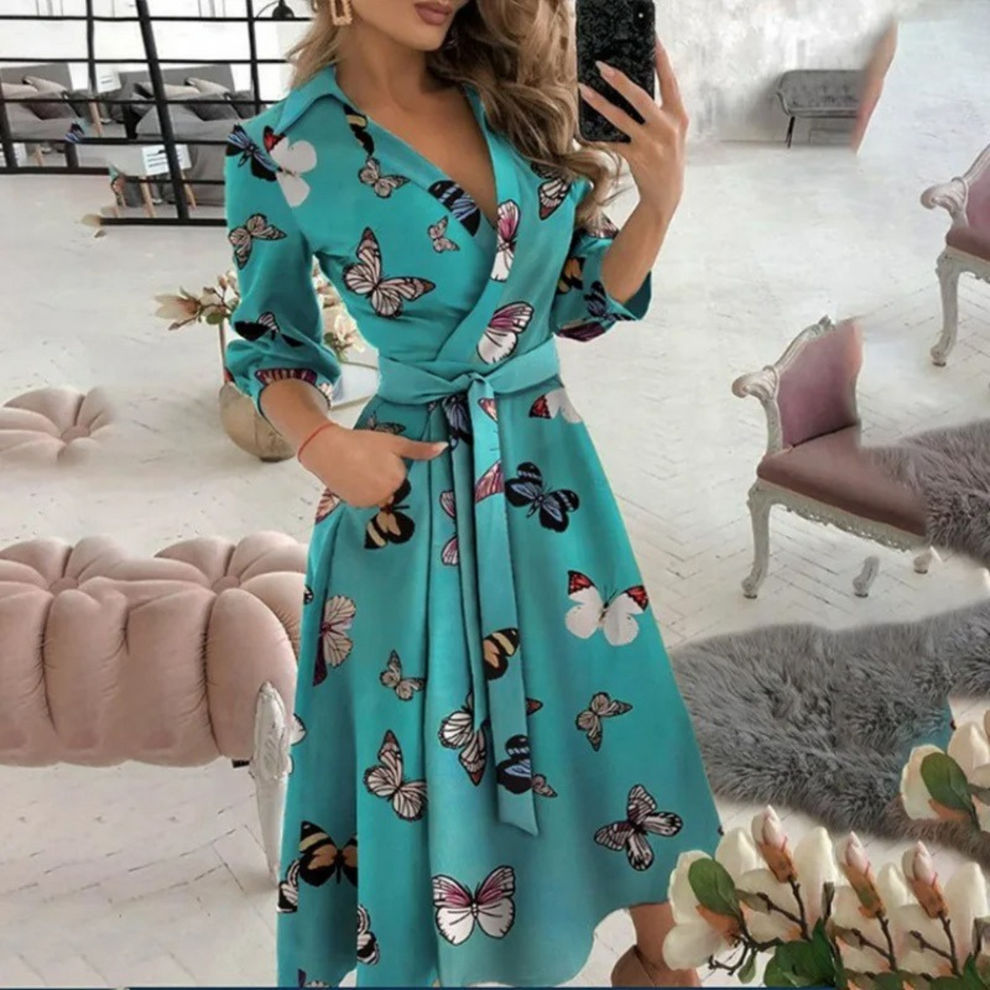Woman wearing the elegant Lila | Belted Long-Sleeve Wrap Dress for Women, with waist belt for a flattering fit. The dress features a flowing cut and modern design, ideal for a chic, comfortable look for events or everyday wear.