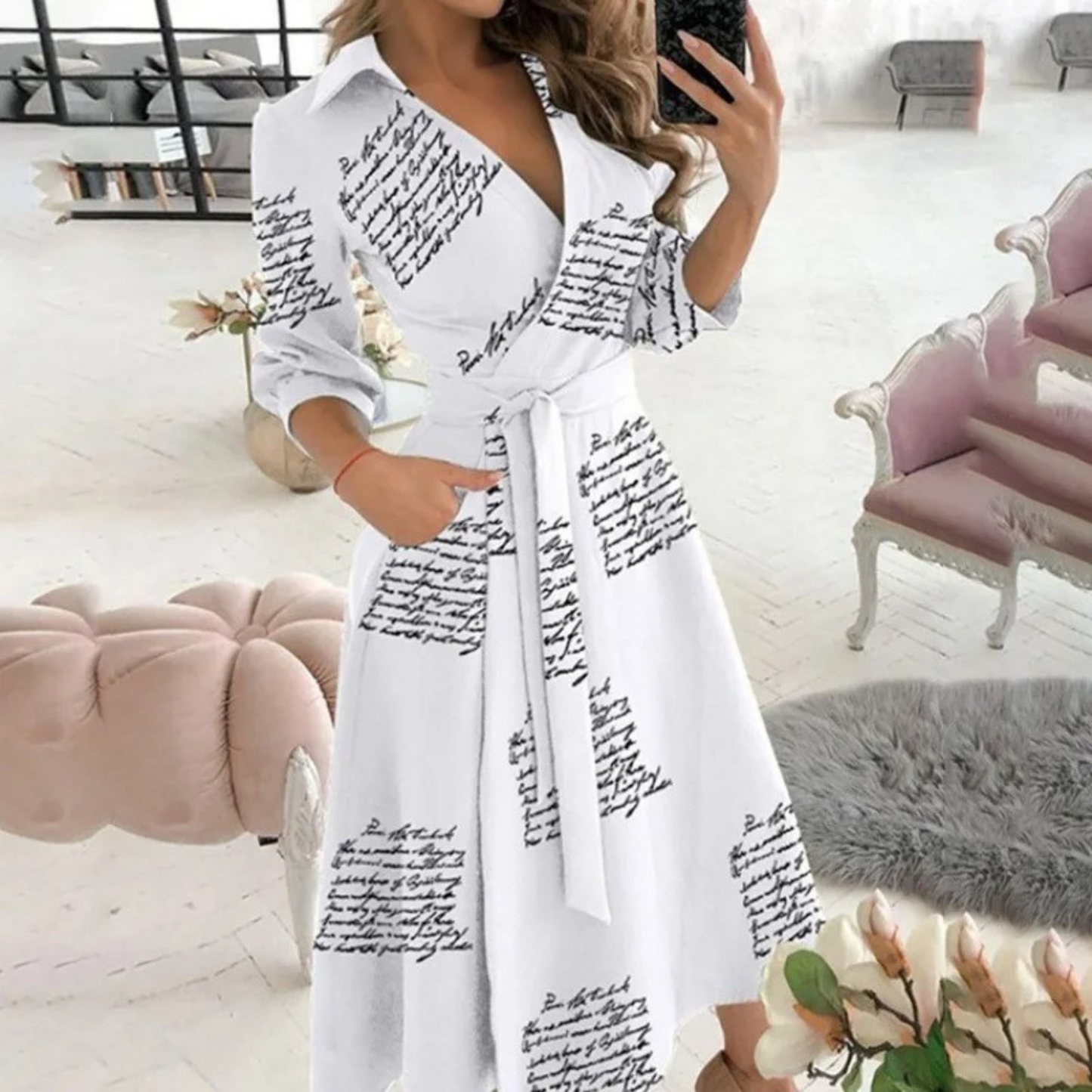 Woman wearing the elegant Lila | Belted Long-Sleeve Wrap Dress for Women, with waist belt for a flattering fit. The dress features a flowing cut and modern design, ideal for a chic, comfortable look for events or everyday wear.
