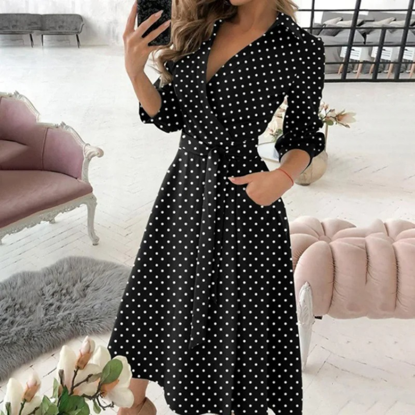 Woman wearing the elegant Lila | Belted Long-Sleeve Wrap Dress for Women, with waist belt for a flattering fit. The dress features a flowing cut and modern design, ideal for a chic, comfortable look for events or everyday wear.