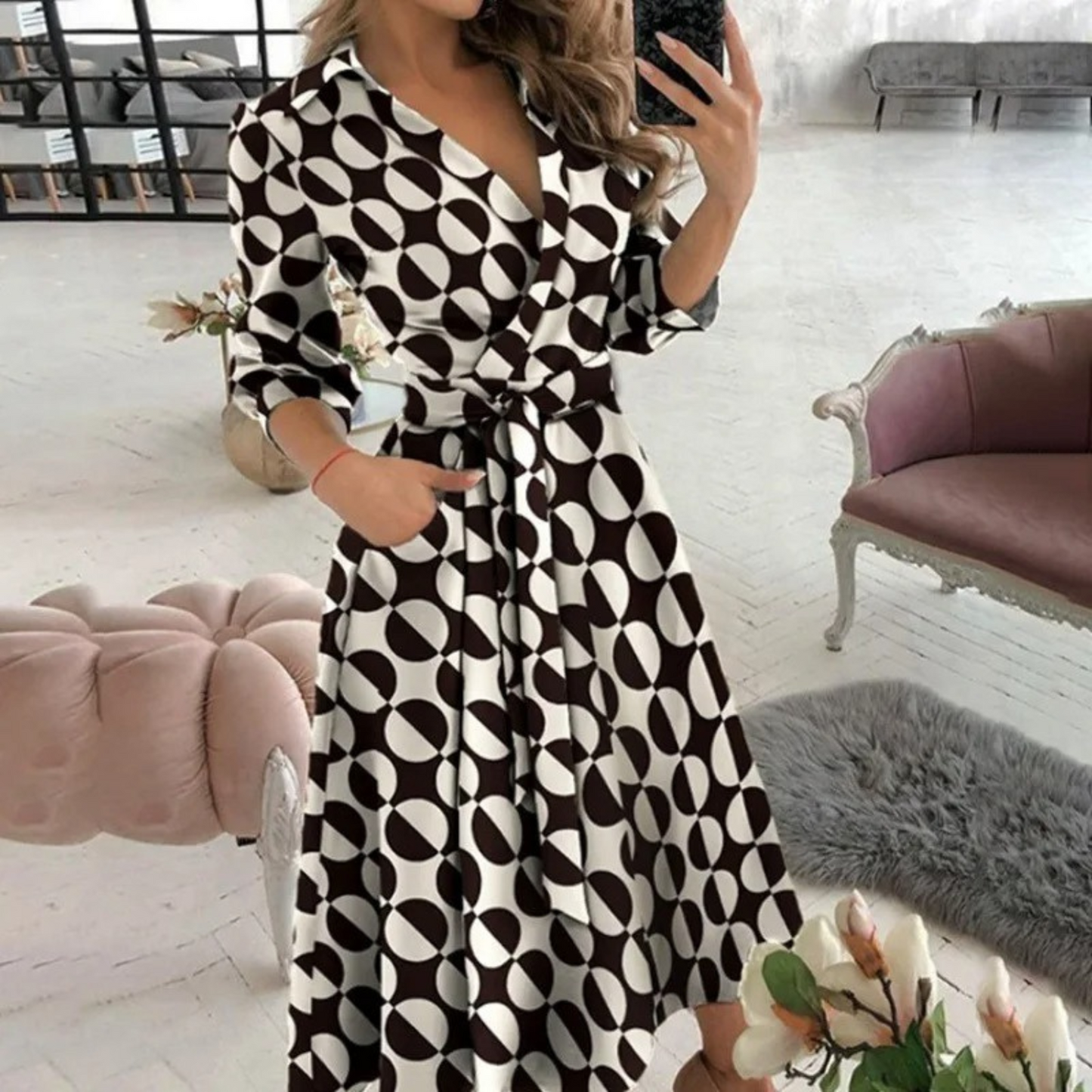 Woman wearing the elegant Lila | Belted Long-Sleeve Wrap Dress for Women, with waist belt for a flattering fit. The dress features a flowing cut and modern design, ideal for a chic, comfortable look for events or everyday wear.