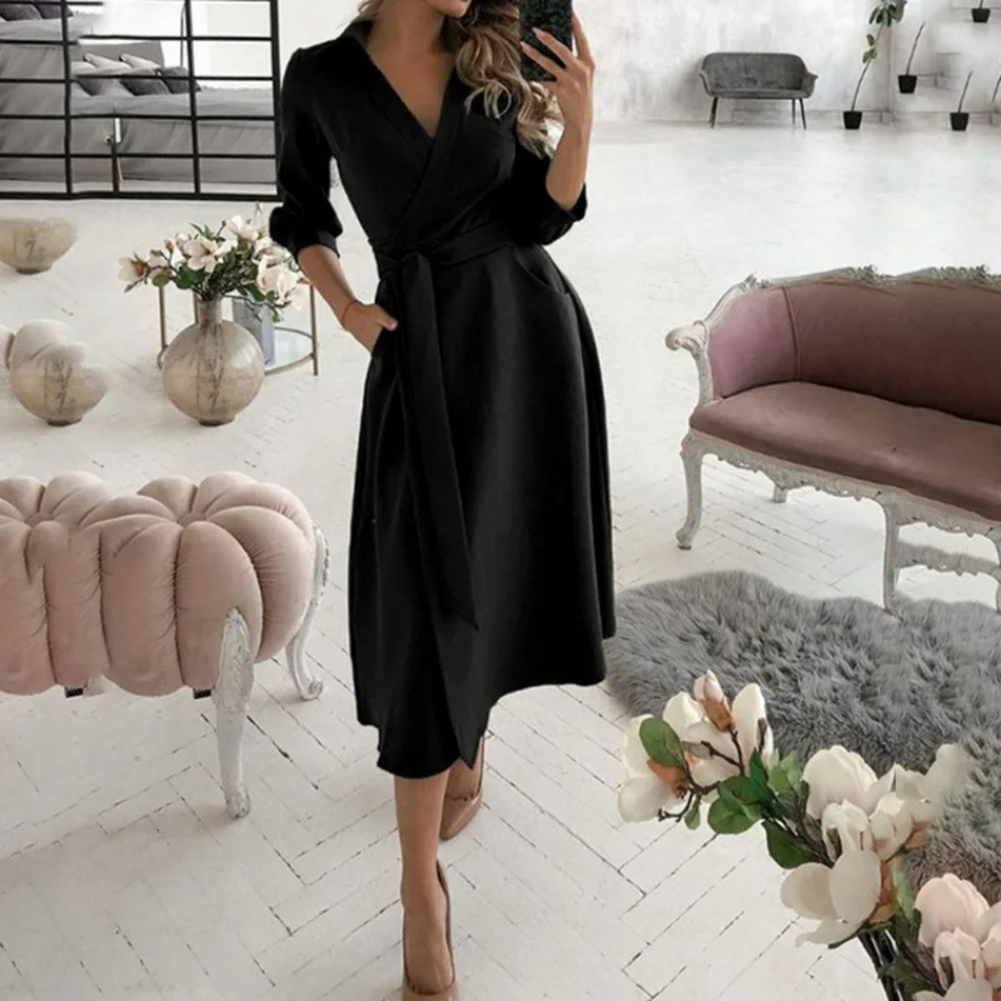 Woman wearing the elegant Lila | Belted Long-Sleeve Wrap Dress for Women, with waist belt for a flattering fit. The dress features a flowing cut and modern design, ideal for a chic, comfortable look for events or everyday wear.