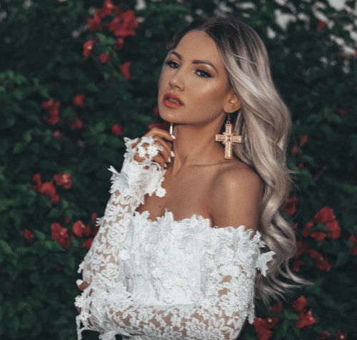 Woman wearing the Luna Women's Lace Off-Shoulder Dress, a floral dress with intricate lace detailing and an elegant off-shoulder design, posing gracefully outdoors against a backdrop of lush greenery and flowers.