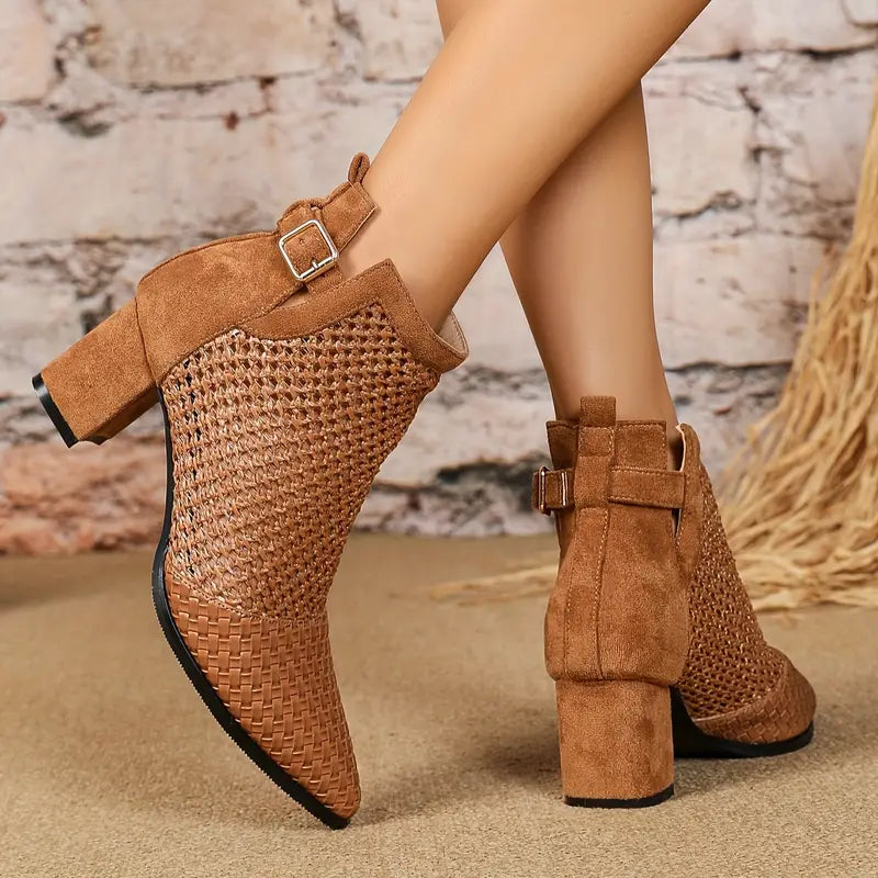 Elegant women's woven design ankle boots with buckle details and a sturdy block heel, perfect for adding a stylish touch to any outfit.