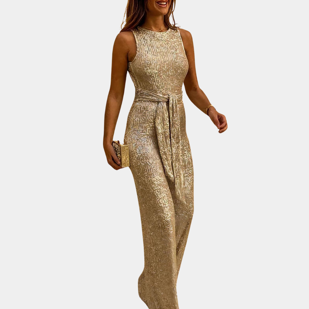 Model wearing the Sienna | Elegant Sleeveless Evening Jumpsuit, featuring a sleek, tailored fit and a sleeveless design. Perfect for formal events or special occasions, this jumpsuit offers a sophisticated and glamorous look.