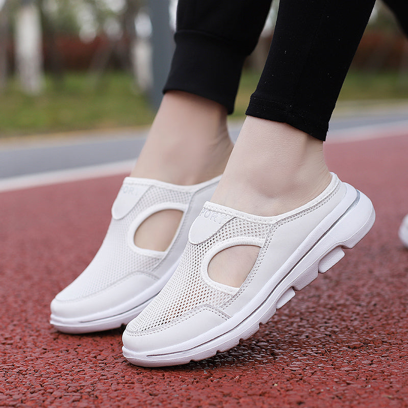 Image showing women's sporty sneakers with a breathable mesh design, featuring an open-toe and slip-on style, perfect for casual wear or active lifestyles.