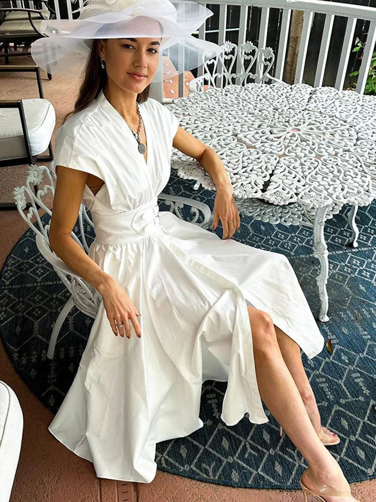 Chic White Pleated Midi Dress