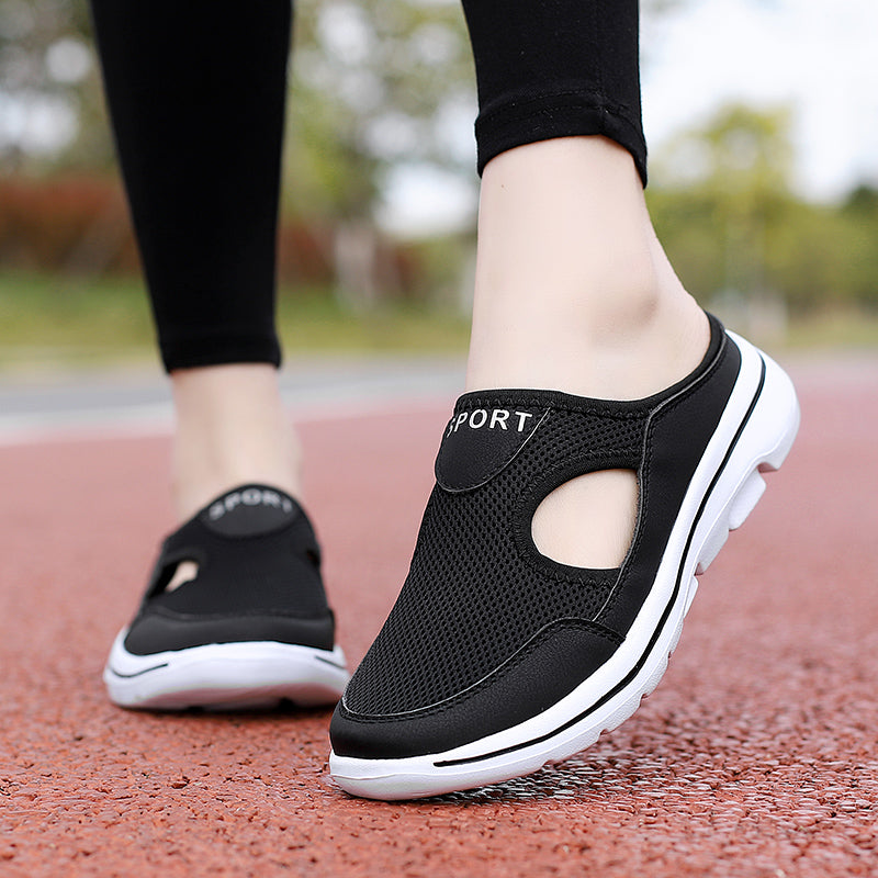 Image showing women's sporty sneakers with a breathable mesh design, featuring an open-toe and slip-on style, perfect for casual wear or active lifestyles.