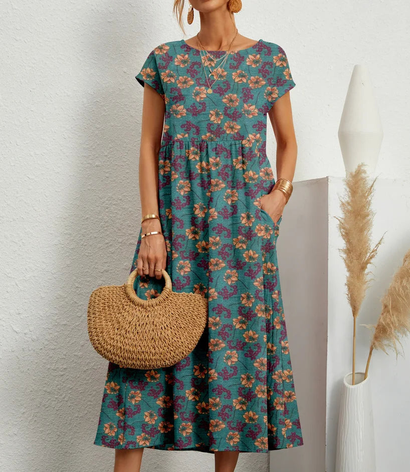 Elegant Cotton Linen Floral Dress