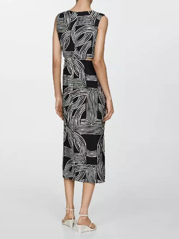 Retro Print Hollow Out Midi Dress