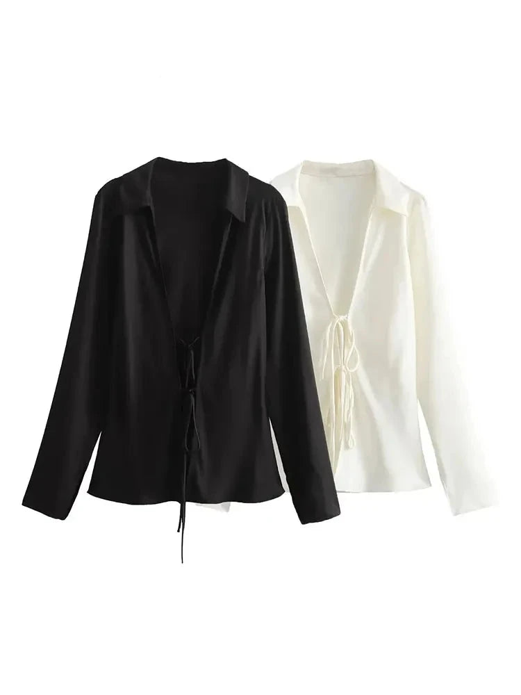 Traluna Women's Elegant Satin Lapel Blouse