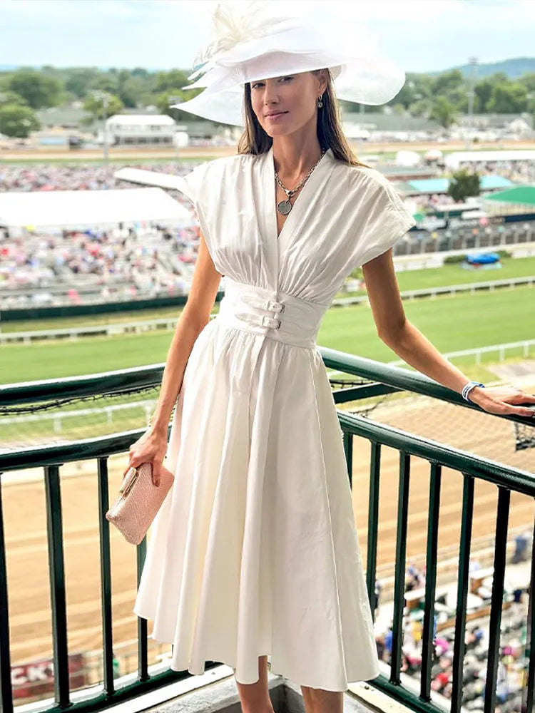 Chic White Pleated Midi Dress