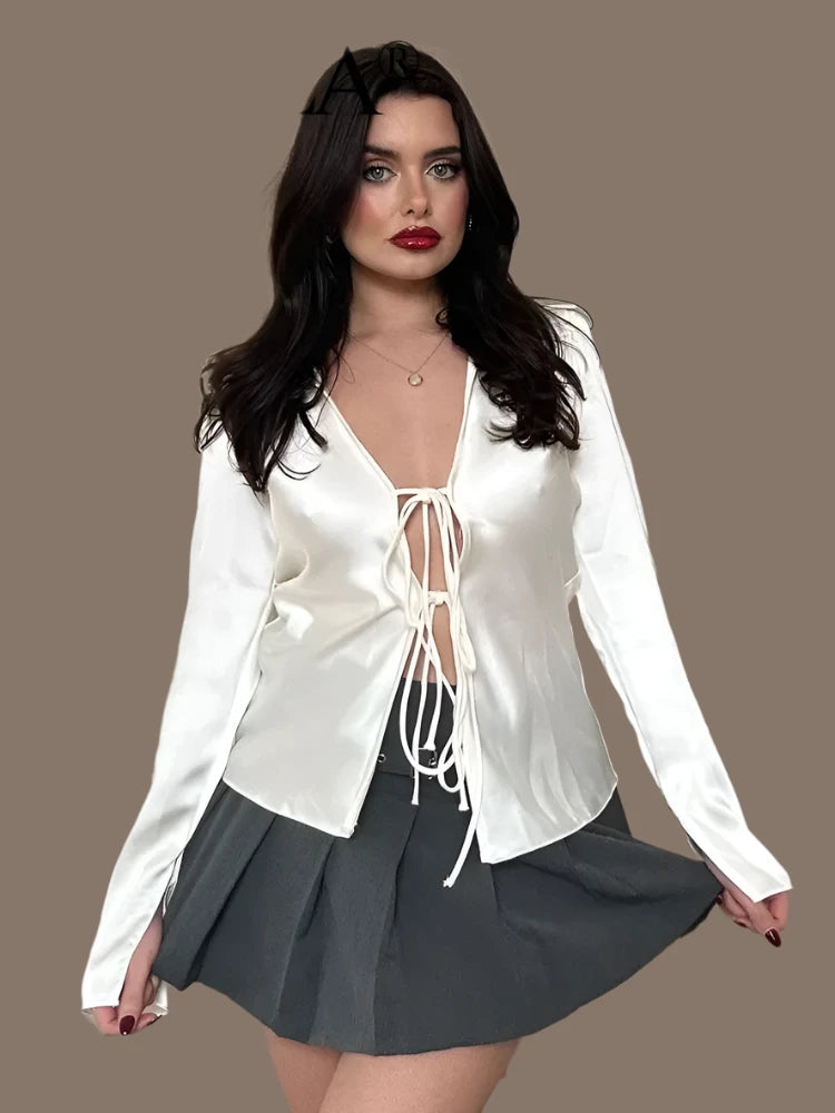 Traluna Women's Elegant Satin Lapel Blouse
