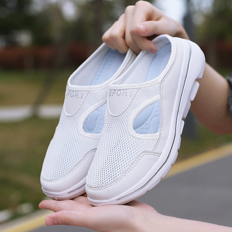 Image showing women's sporty sneakers with a breathable mesh design, featuring an open-toe and slip-on style, perfect for casual wear or active lifestyles.