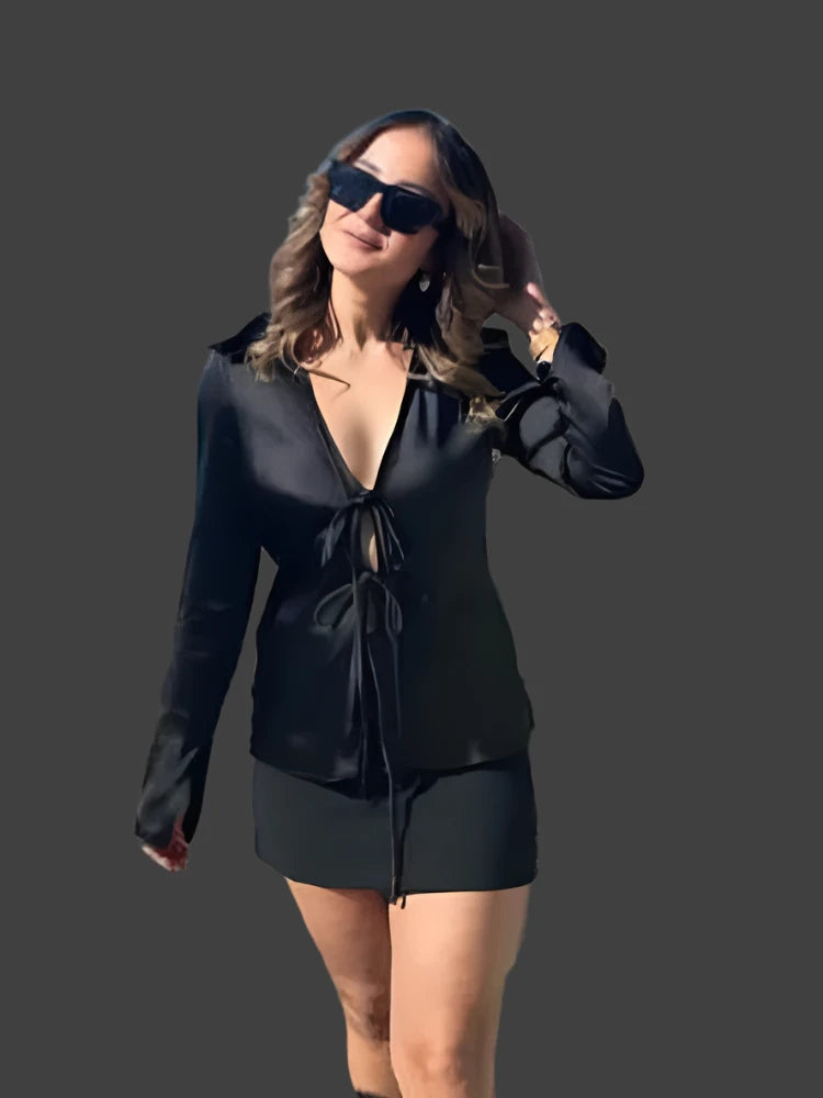 Traluna Women's Elegant Satin Lapel Blouse