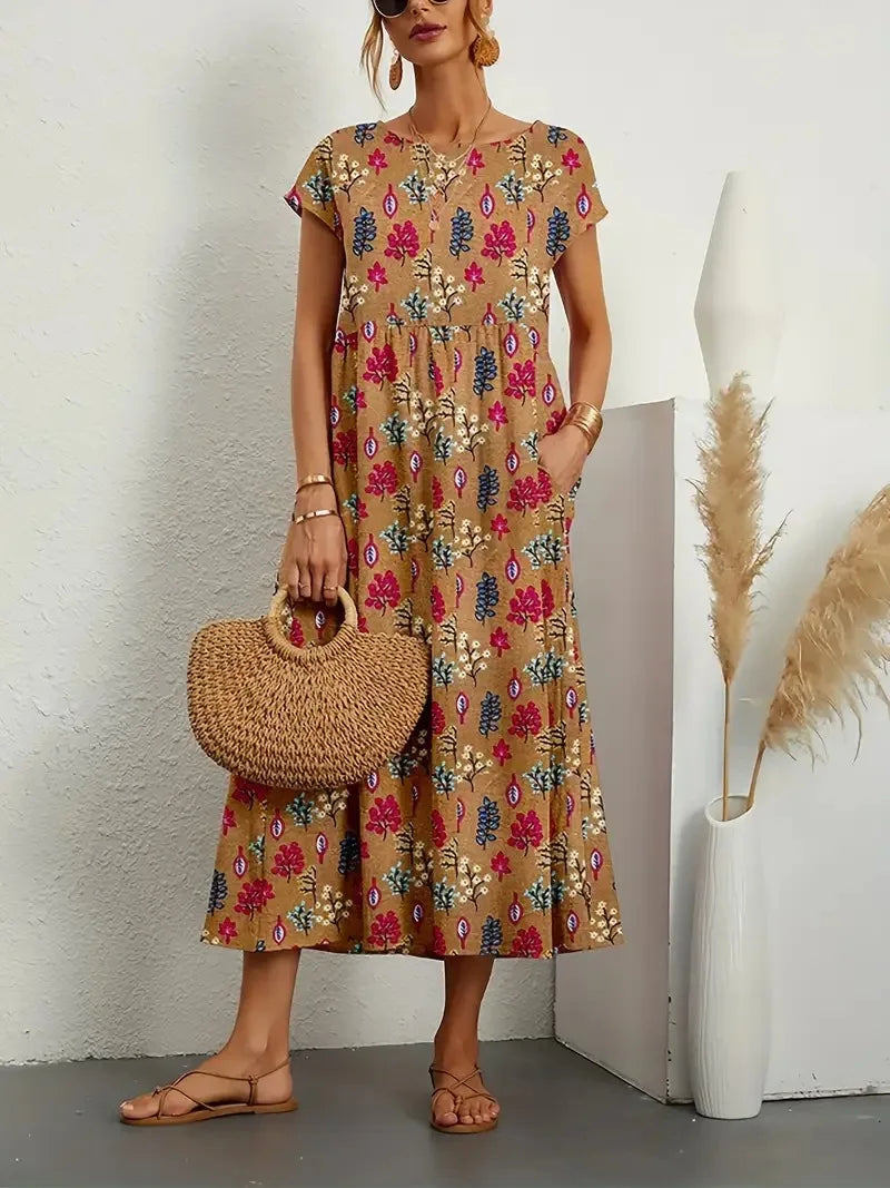 Elegant Cotton Linen Floral Dress