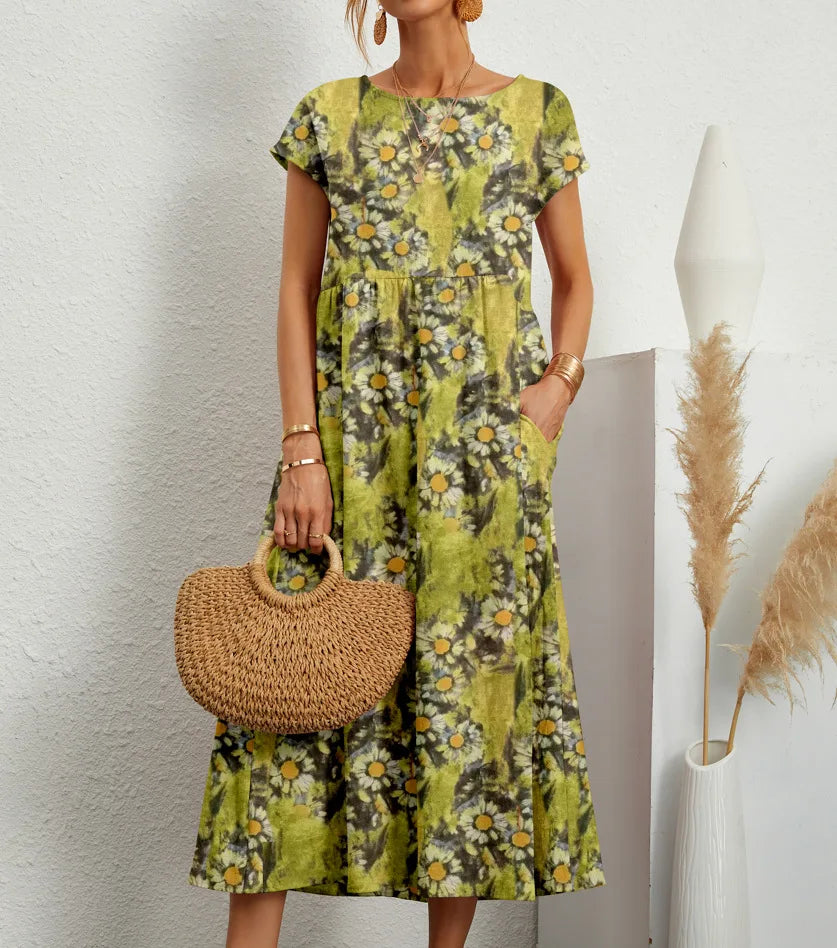 Elegant Cotton Linen Floral Dress