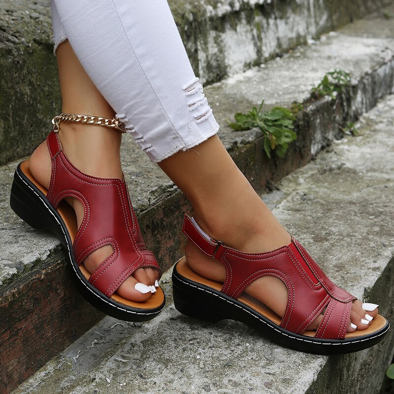 Zavanova - Brown Orthopedic Leather Wedge Sandals