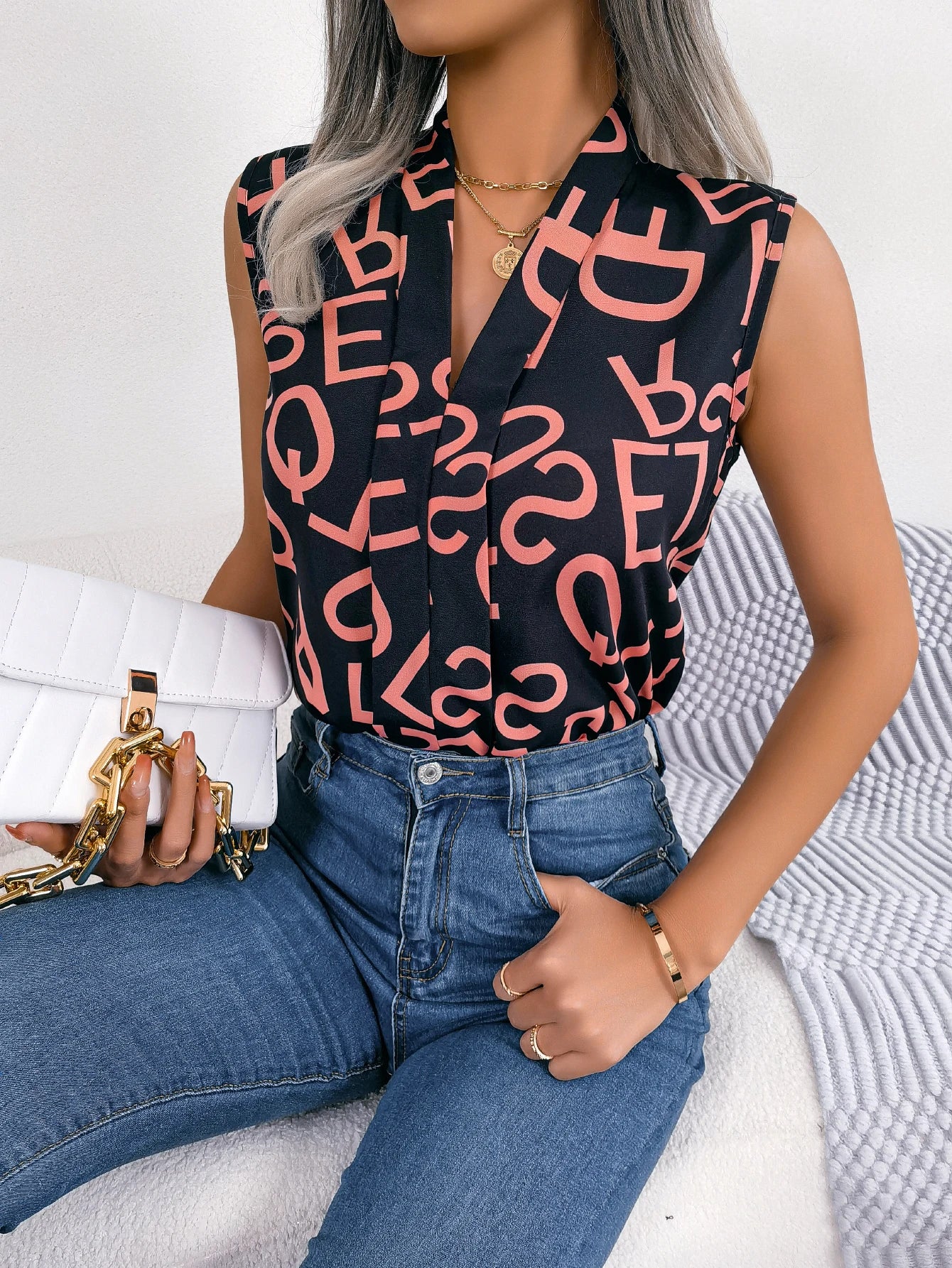 Casual Letter Print Chiffon Blouse