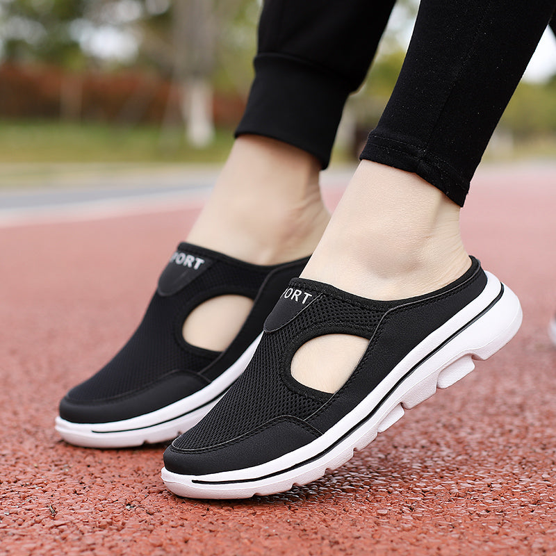 Image showing women's sporty sneakers with a breathable mesh design, featuring an open-toe and slip-on style, perfect for casual wear or active lifestyles.